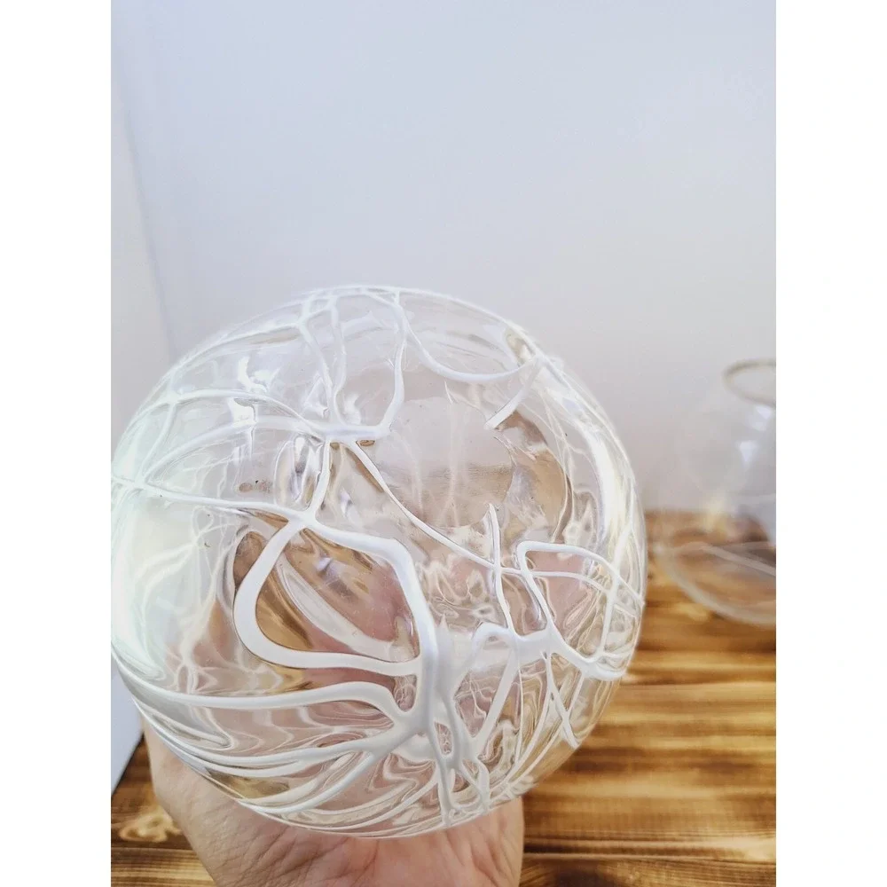 Set of 2 Lg‎ Hand Blown Glass White Spaghetti Drizzle Votive Candle Holder 6
